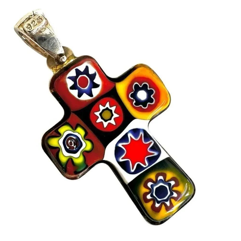 Sterling silver Vintage Murano Millefiori Cross Pendant